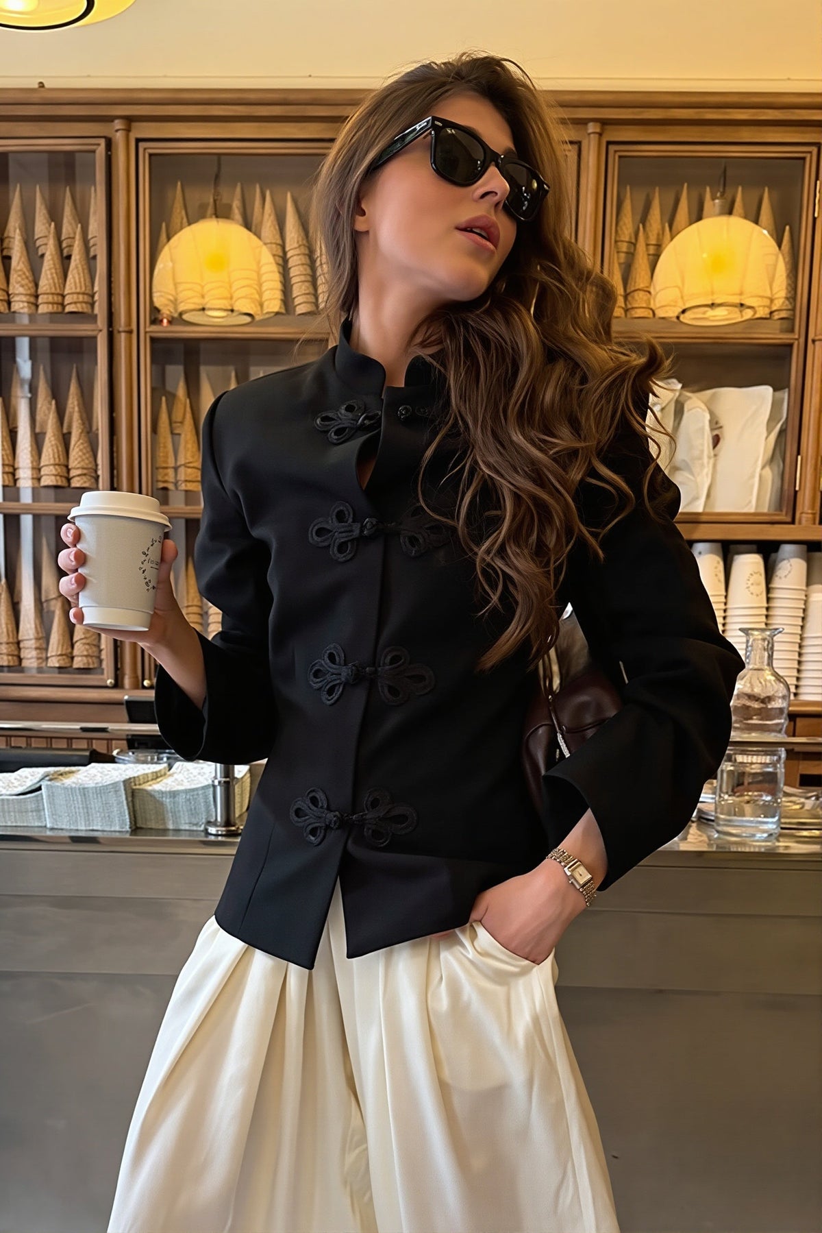 Mandarin Collar Frog Closure Blazer Jacket