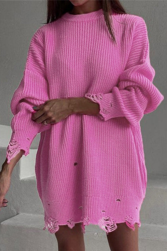 Distressed Hem Turtleneck Oversized Knit Sweater