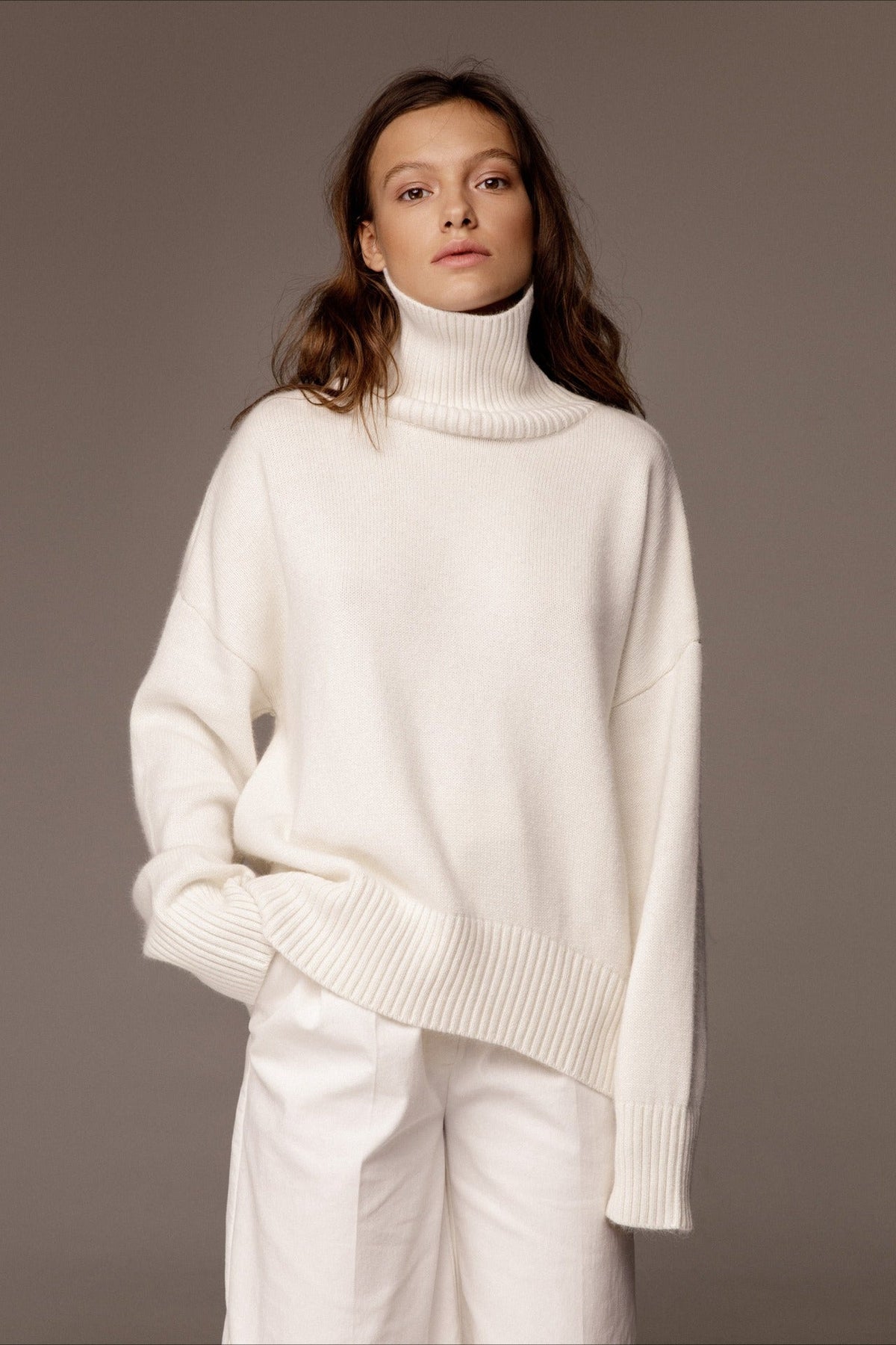 Relaxed Ribbed Turtleneck Knit Sweater