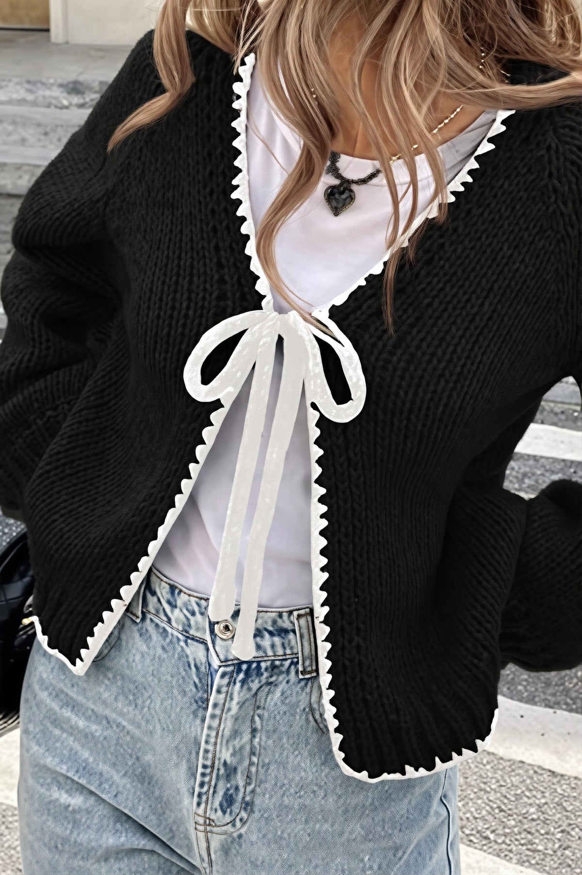 Contrast Edge V Neck Tie Front Cardigan