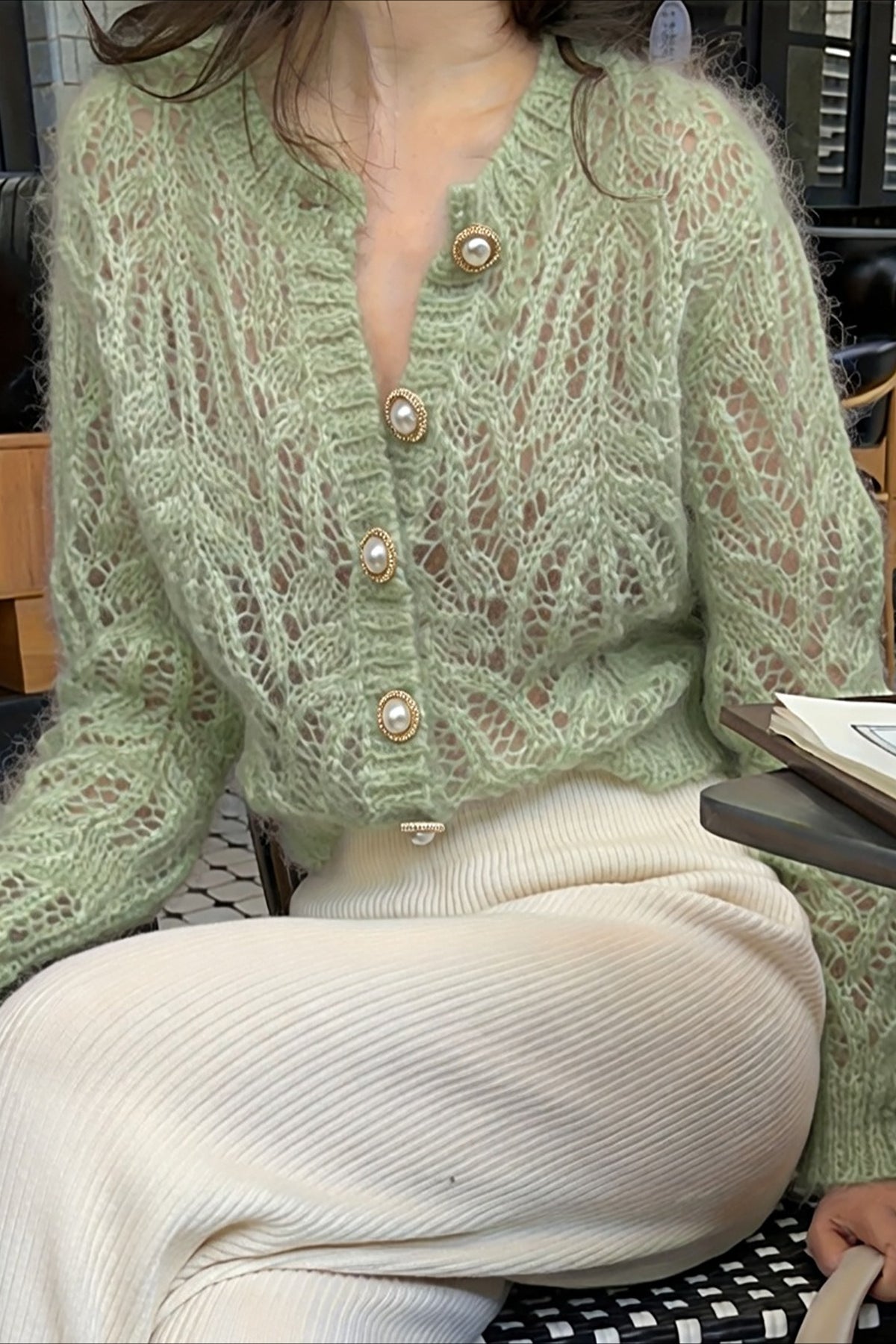 Pearl Button Leaf Knit Cardigans