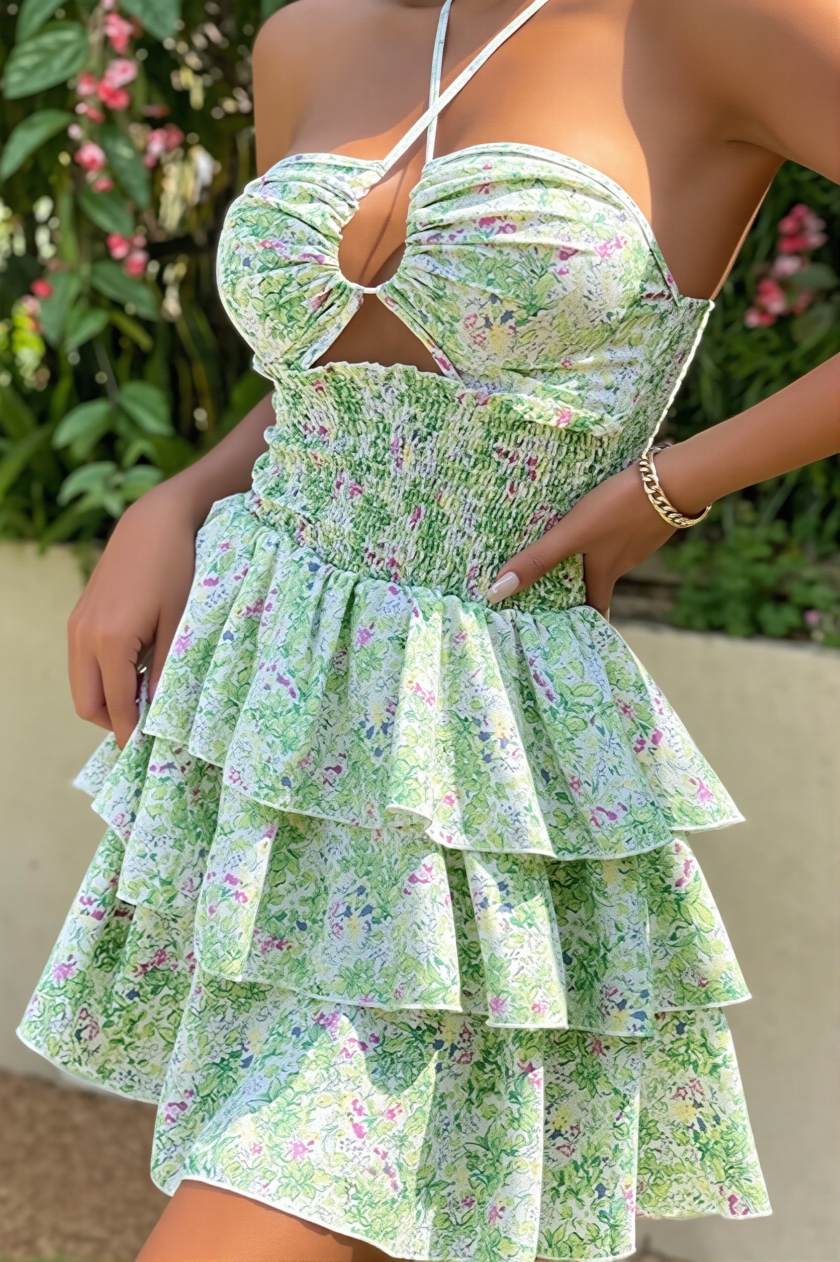 Casual Halter Floral Hollow Mini Dress