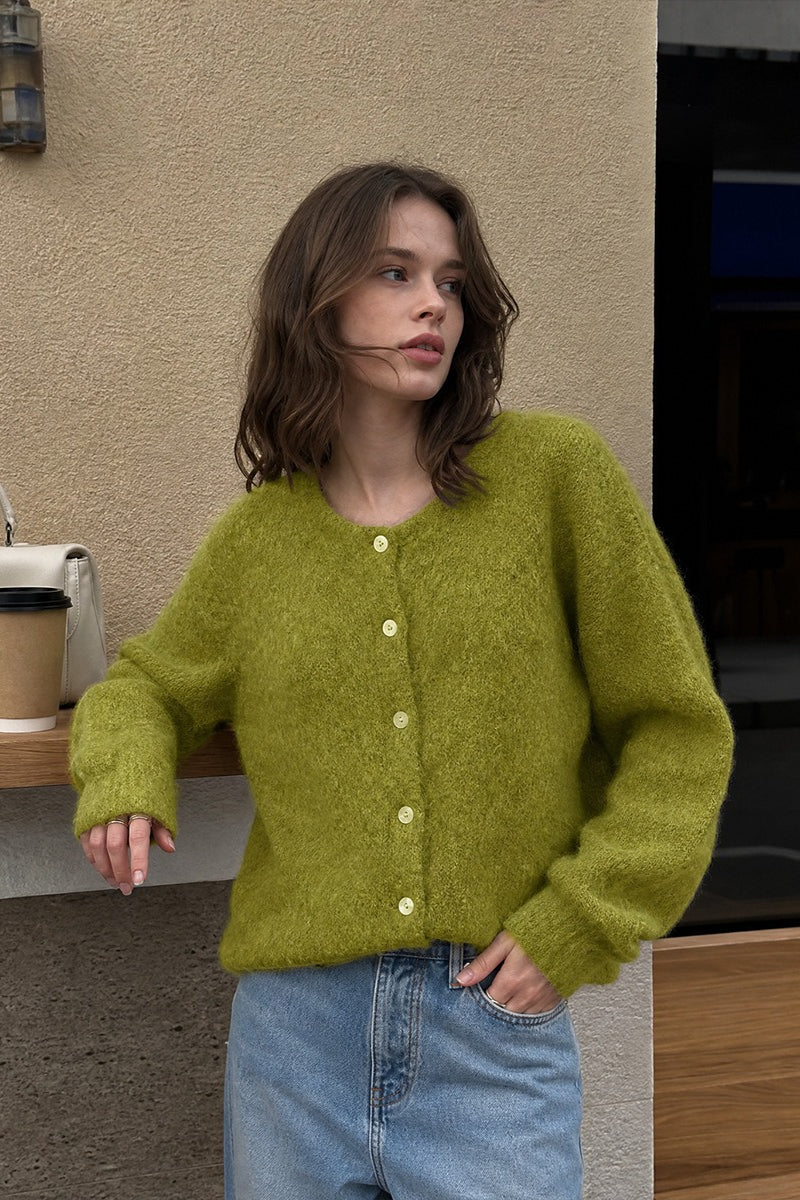 Textured Crew Neck Button Up Knit Cardigan