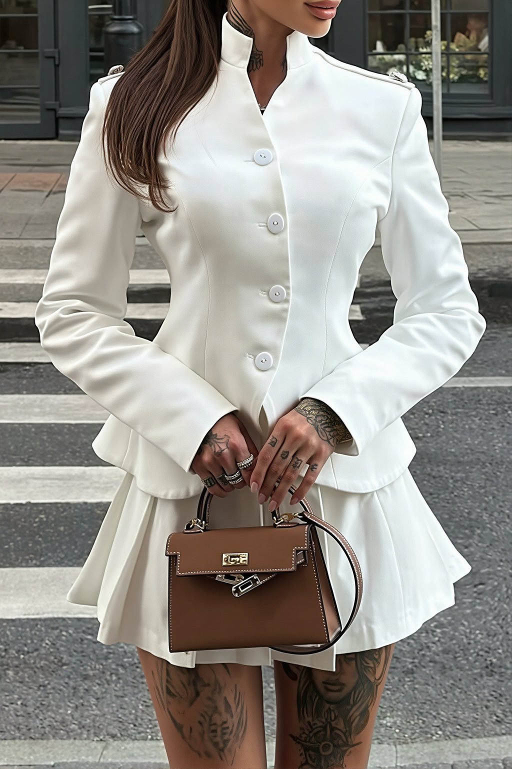 Stand Collar Button Front Peplum Blazer