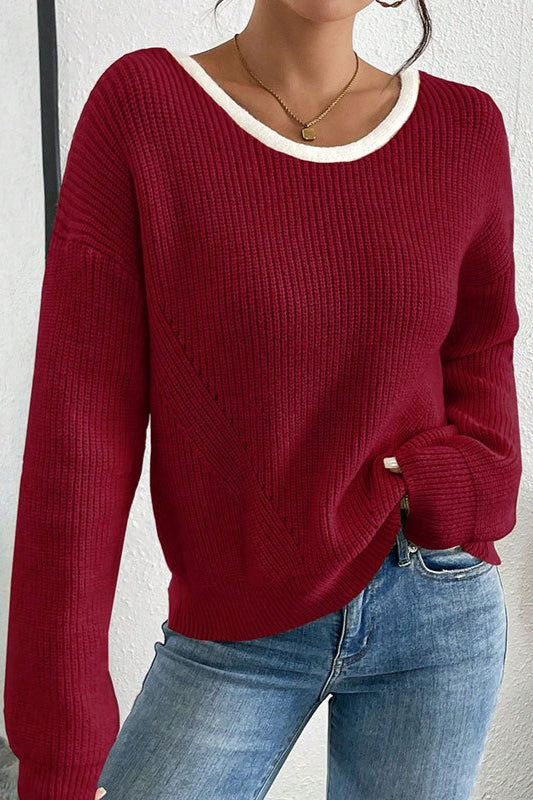Back Bow Detail Crew Neck Knit Sweater