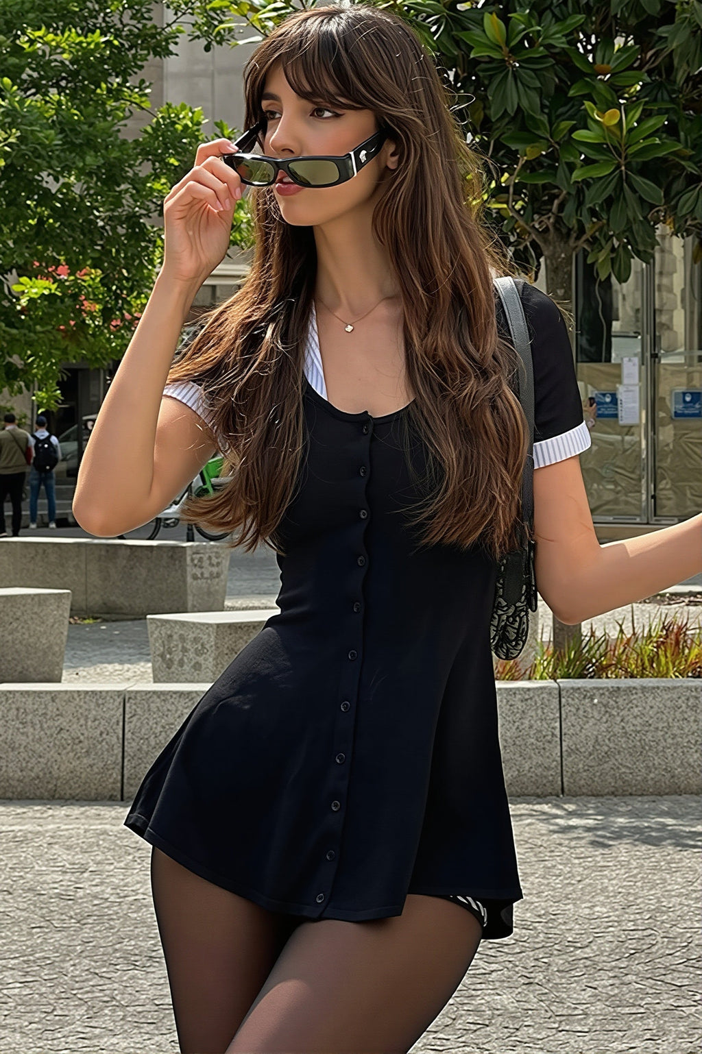 Button Spliced Shirt Collar Mini Dress
