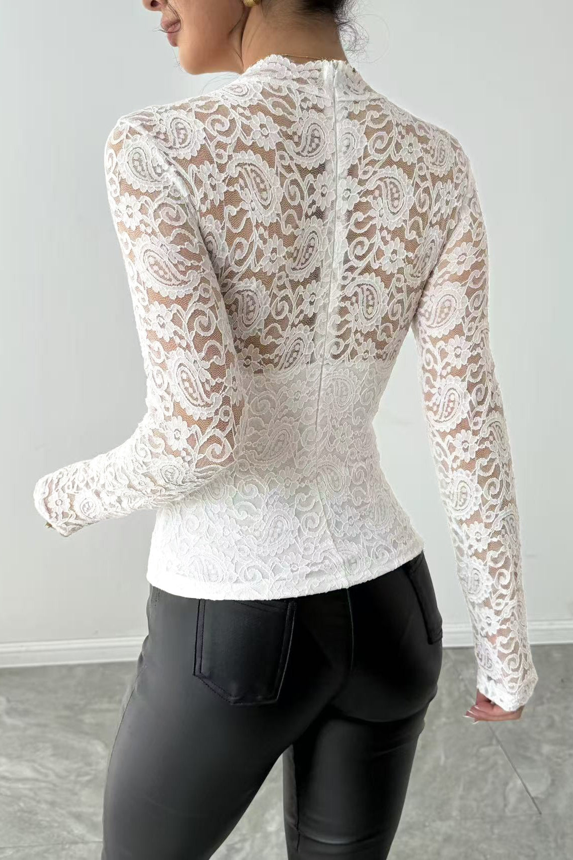 Lace Yoke Zip Back Fitted Top