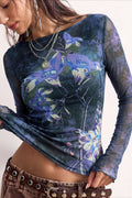 Blue Floral Print Mesh Long Sleeve Top