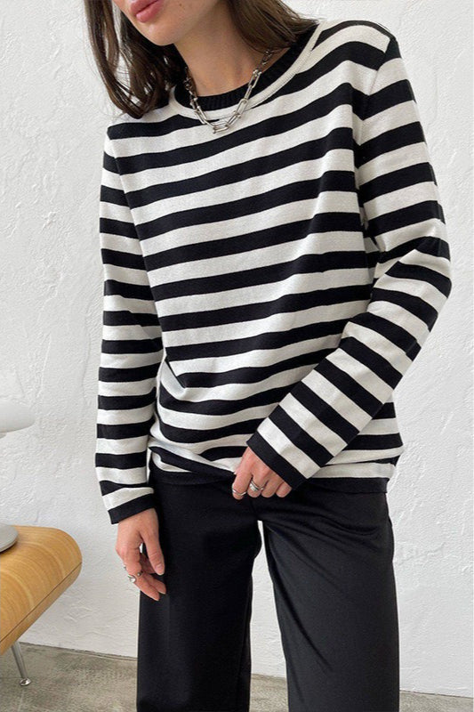 Casual Drop Shoulder Contrast Stripe Knit Sweater