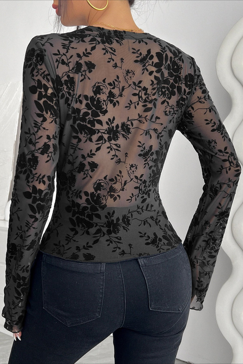 Deep V Floral Lace Bell Sleeve Top