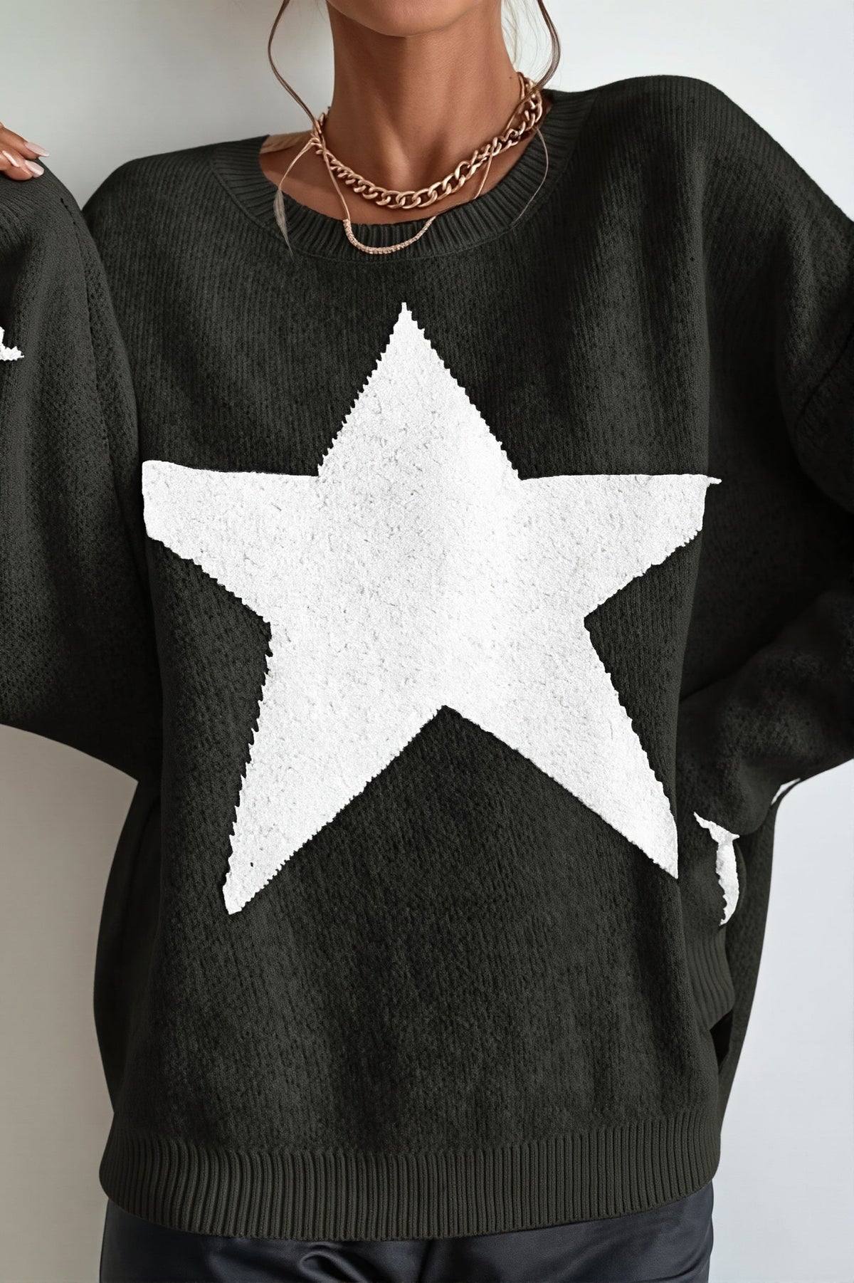Star Motif Crew Neck Raglan Sweater