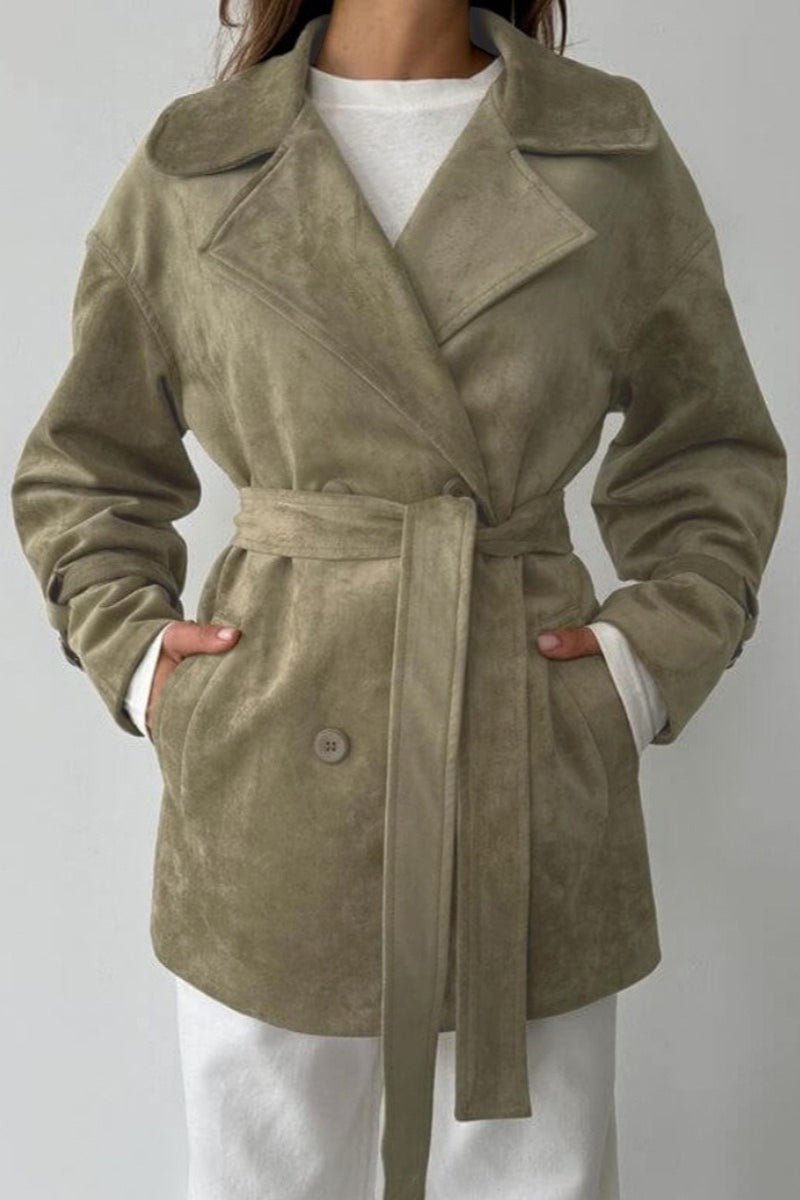 Faux Suede Belted Trench Coat