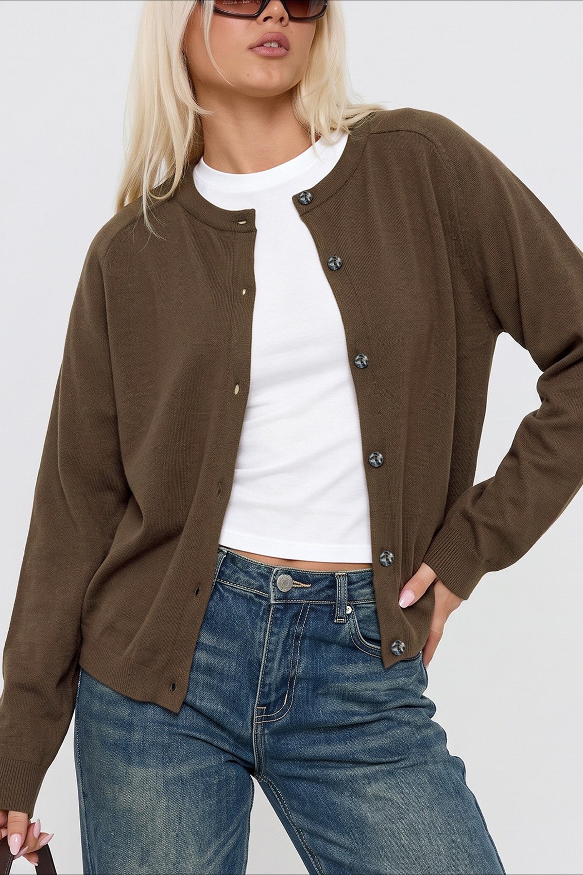 Fine Knit Crew Neck Button Cardigans