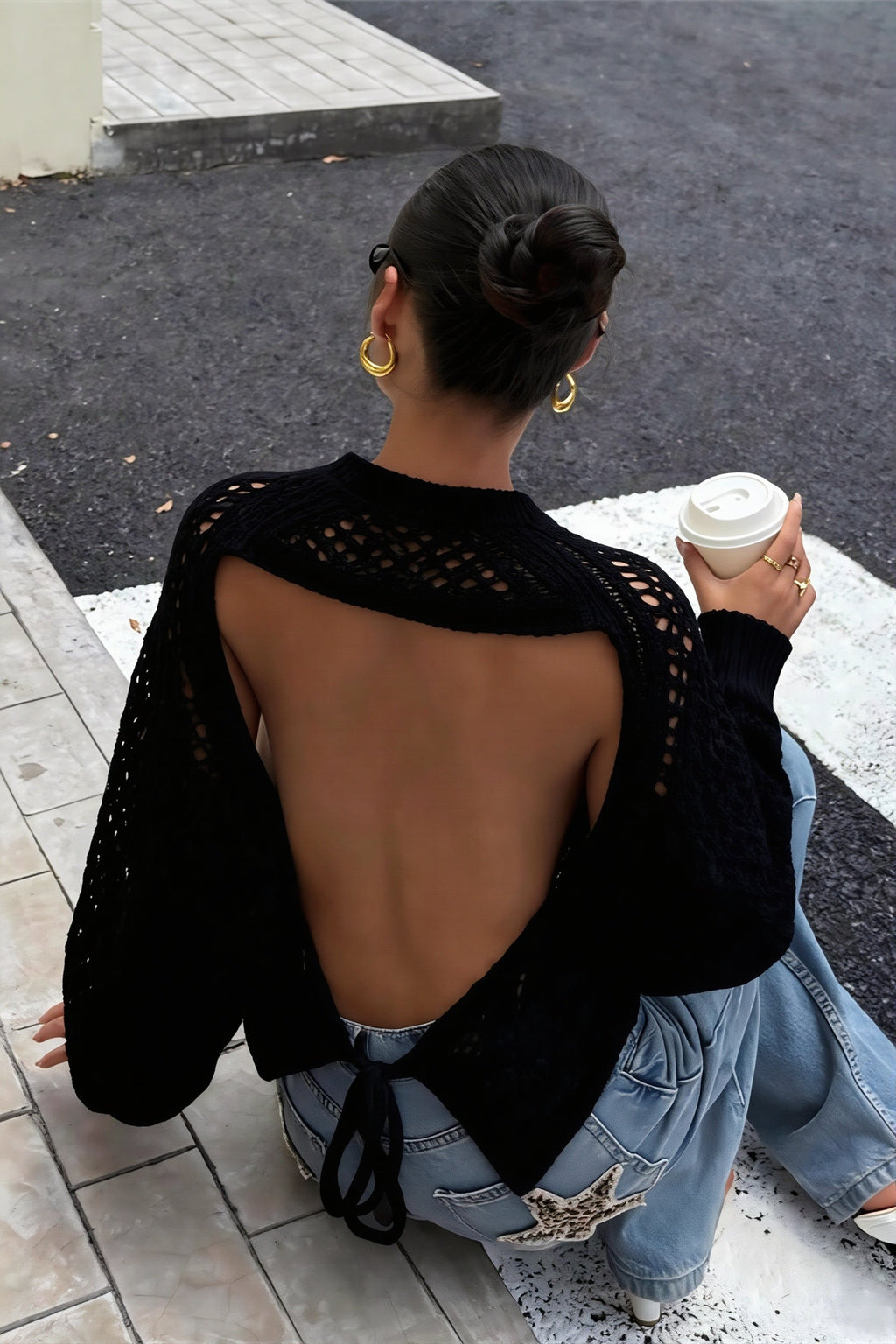 Open Back Tie Detail Crochet Sweater