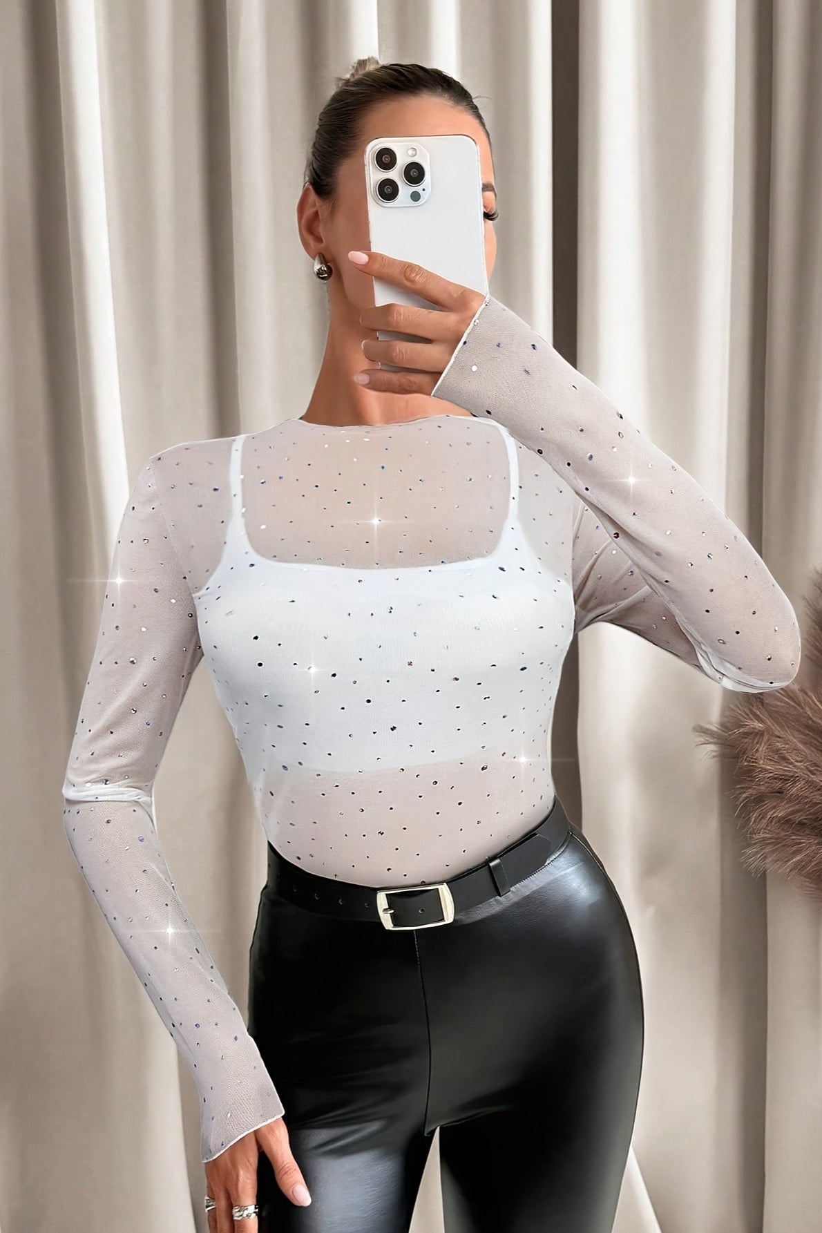 Rhinestone Sheer Mock Neck Top
