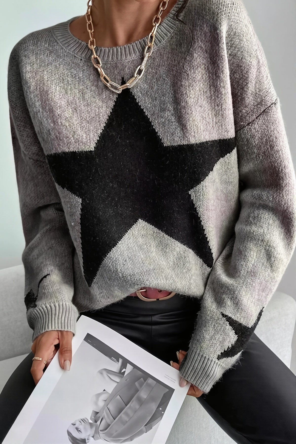 Star Motif Crew Neck Raglan Sweater