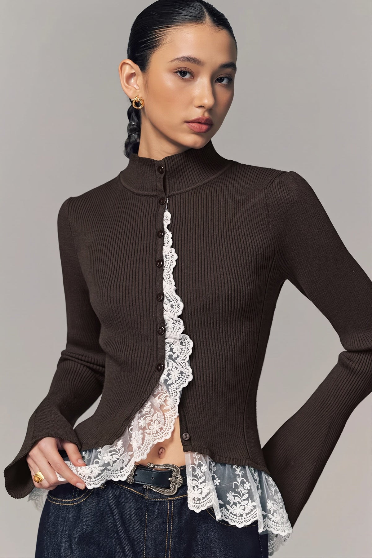 Lace Trim High Neck Button Cardigan