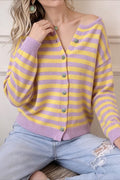 Lavender Yellow Stripe V Neck Cardigans