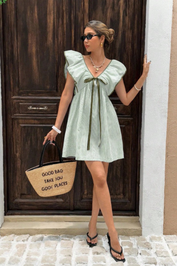 Striped V Neck Ruffle Flutter Sleeve Mini Dress