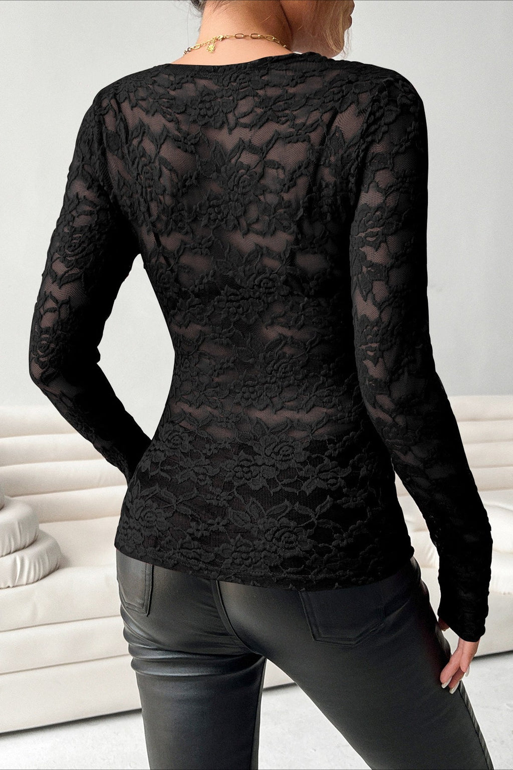 Scalloped V Neck Floral Lace Blouse