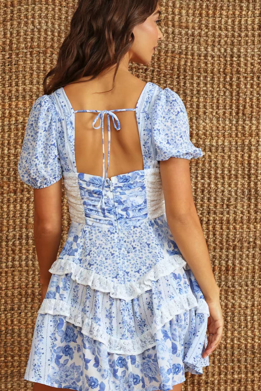 Floral Lace Patchwork V Neck Puff Short Sleeve Mini Dress