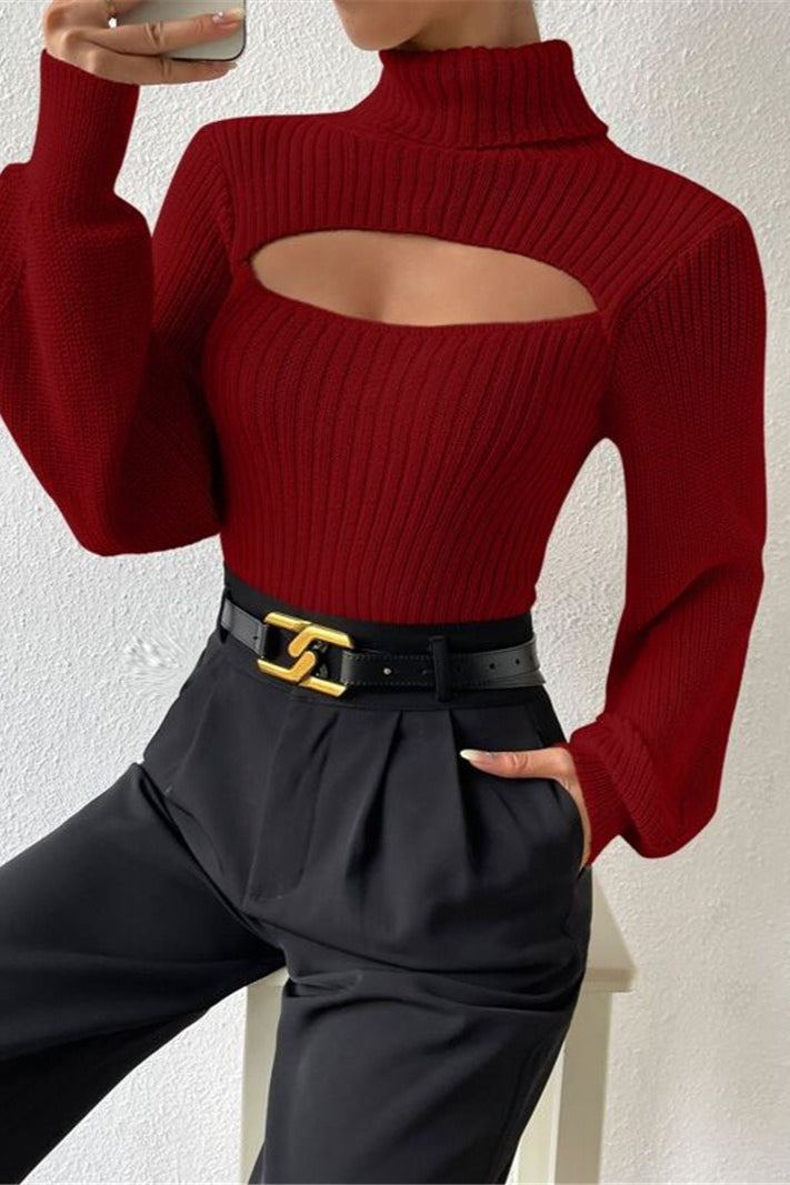 Cutout Turtleneck Balloon Sleeve Knit Sweater