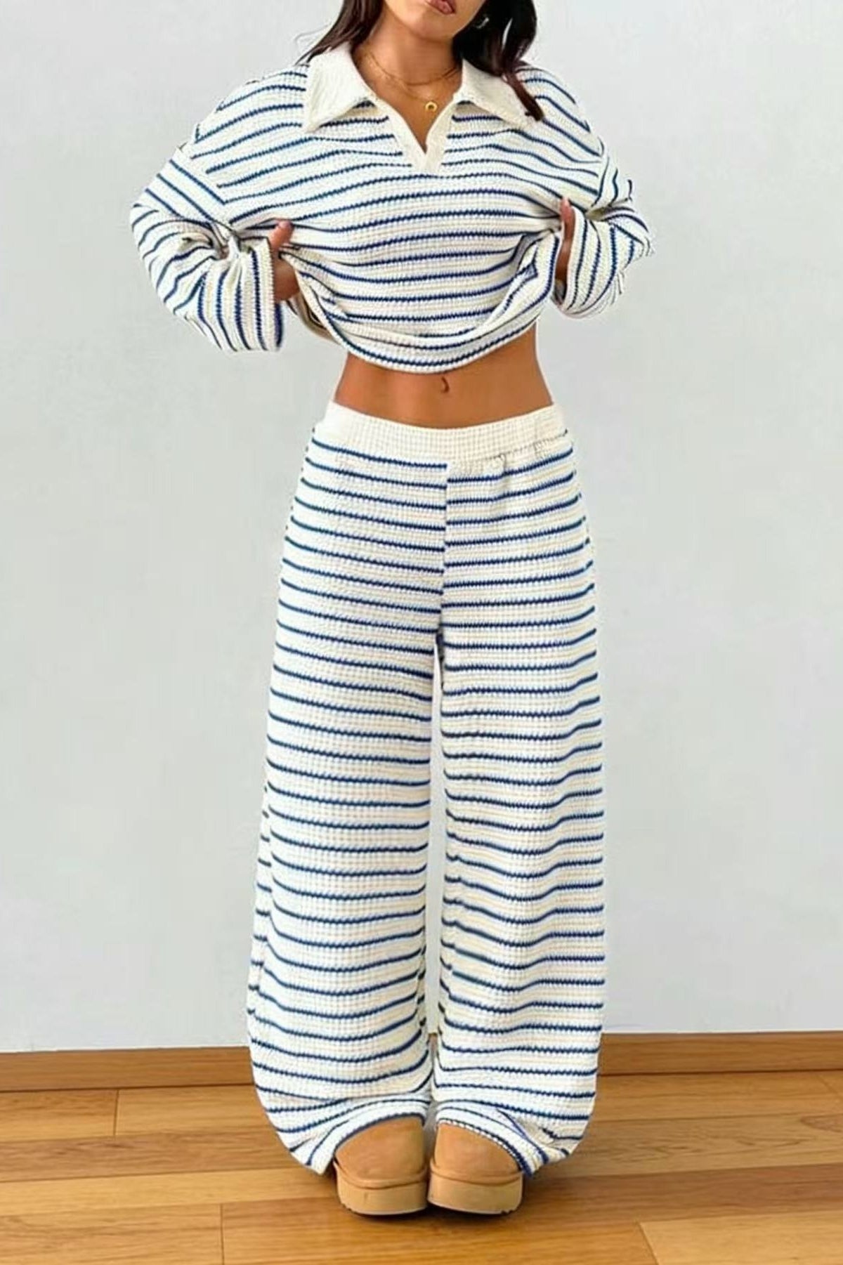 Contrast Stripe Polo Knit Lounge Set