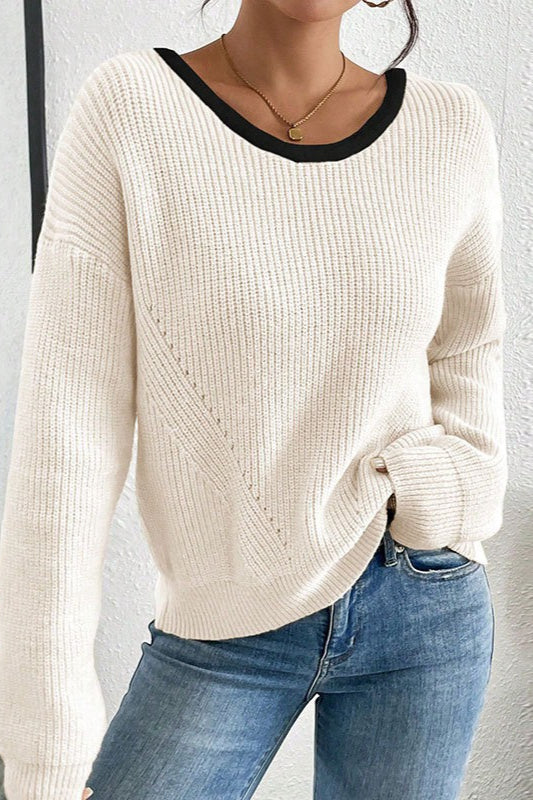 Back Bow Detail Crew Neck Knit Sweater