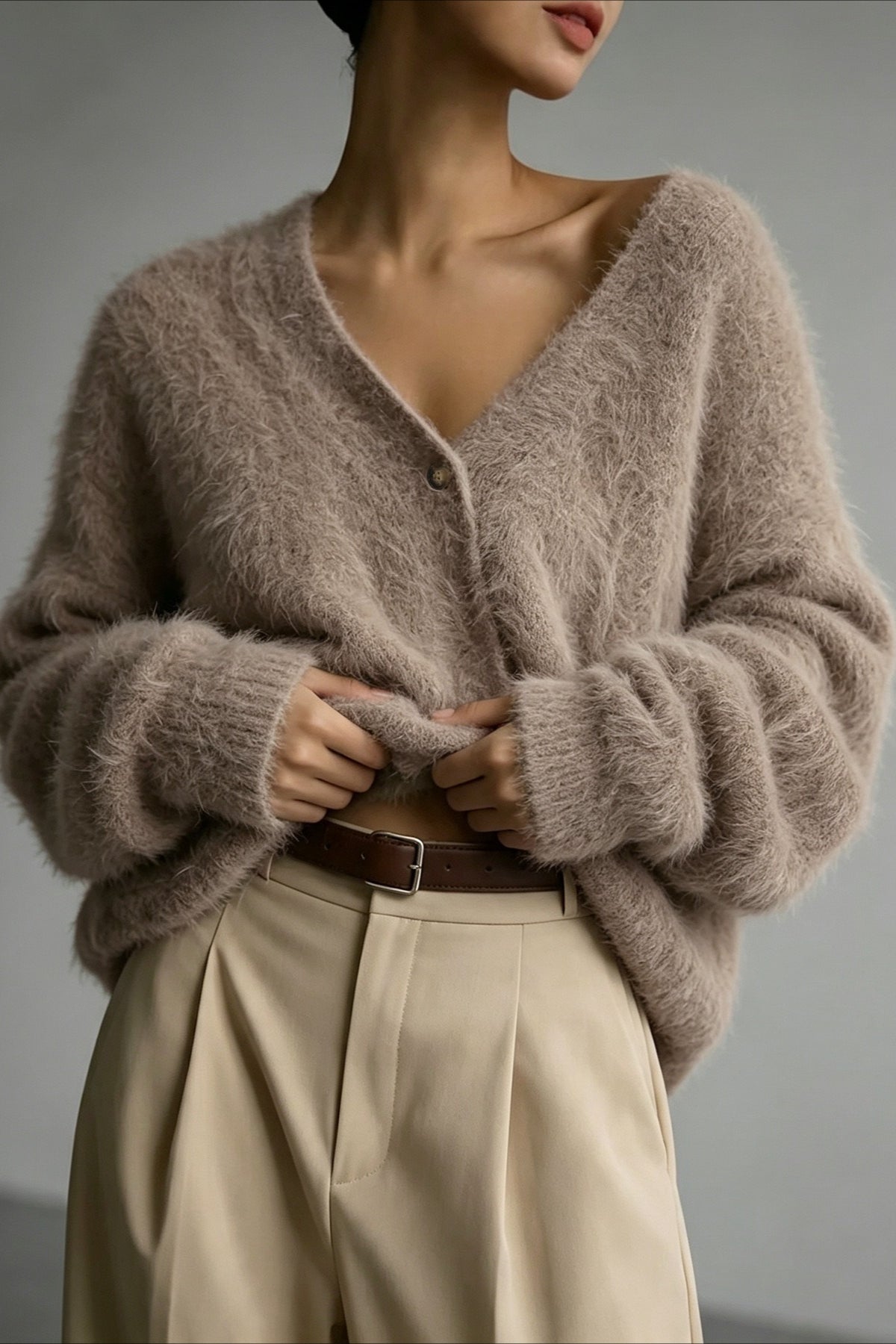Fuzzy V Neck Balloon Sleeve Cardigans