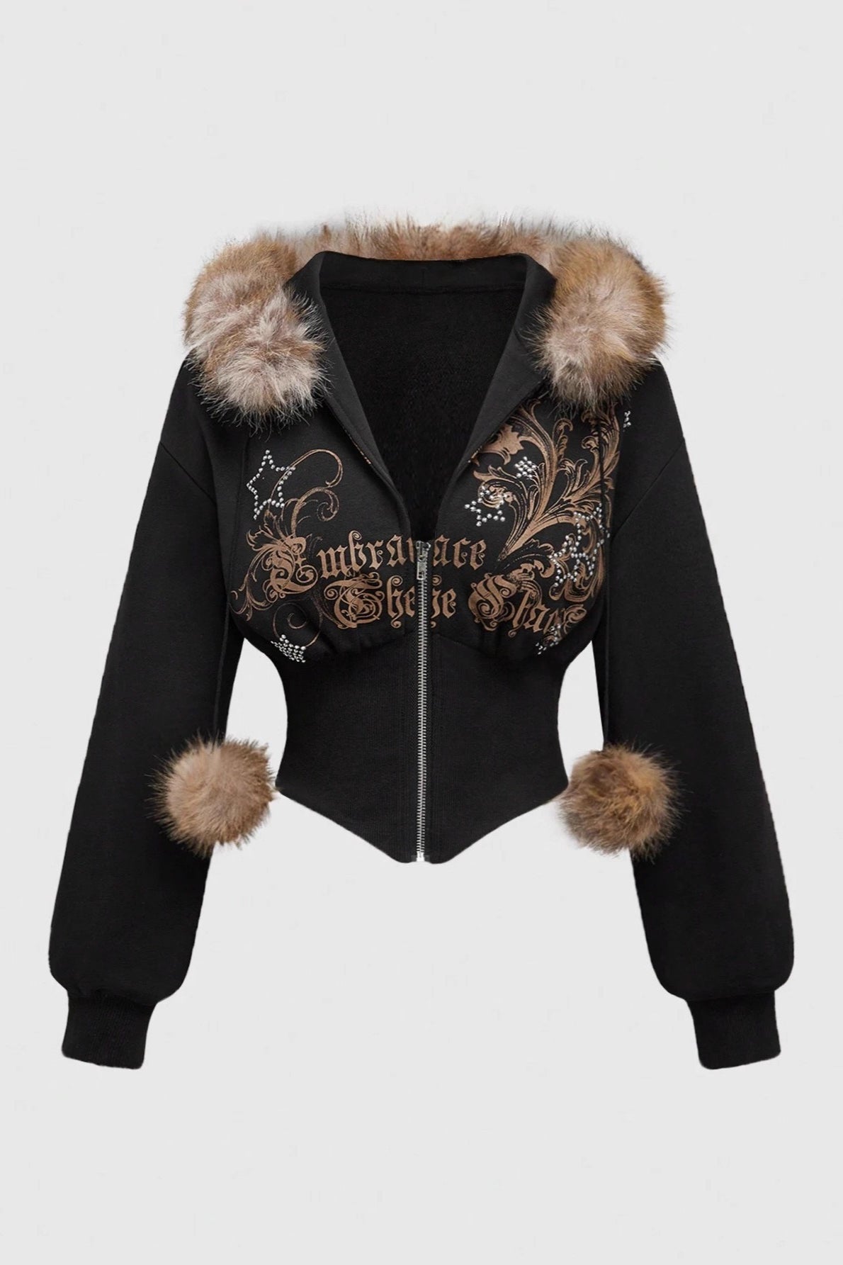 Faux Fur Trim Corset Zip Hoodie