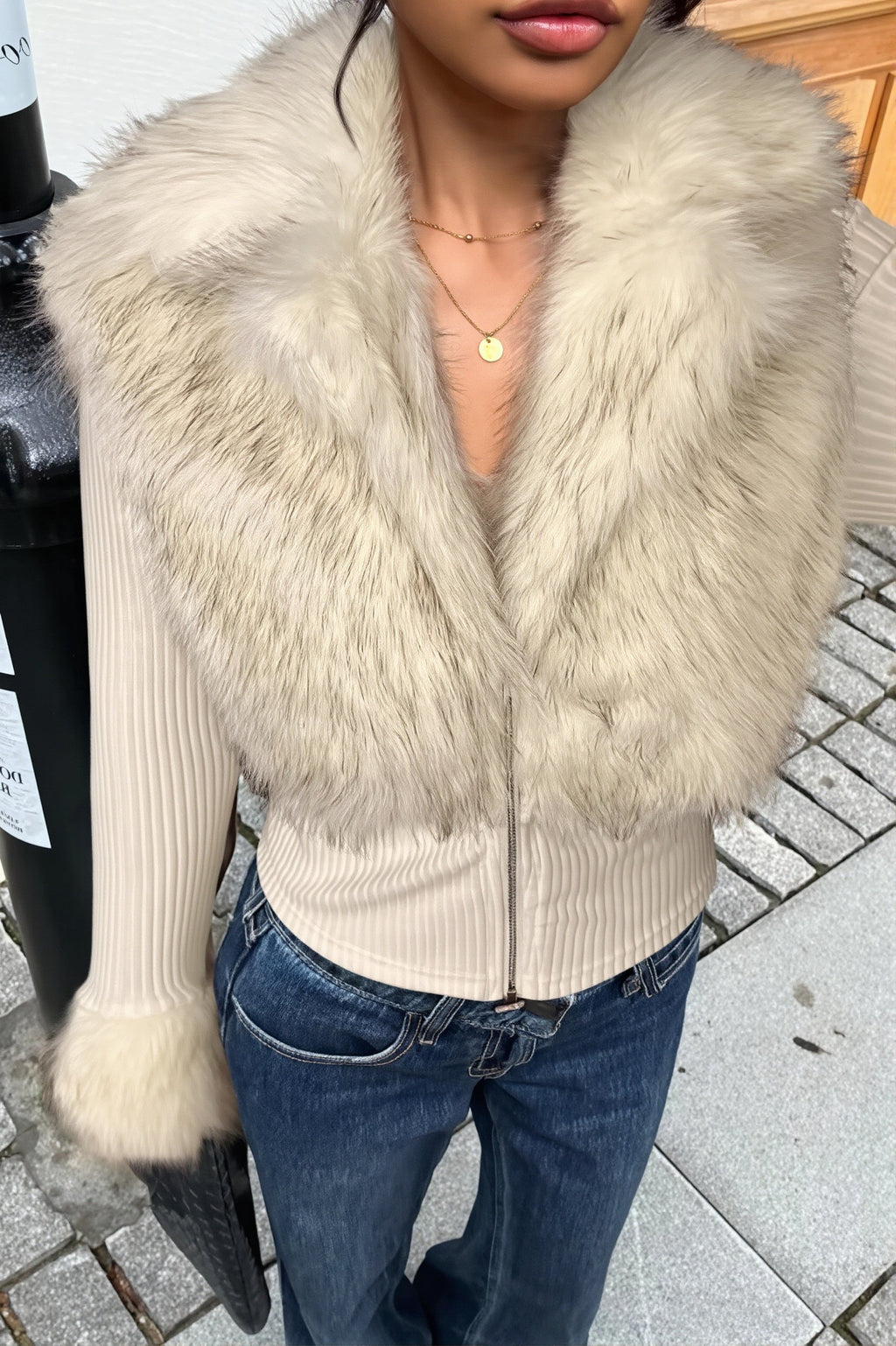 Faux Fur Trim Ribbed Zip Jacket
