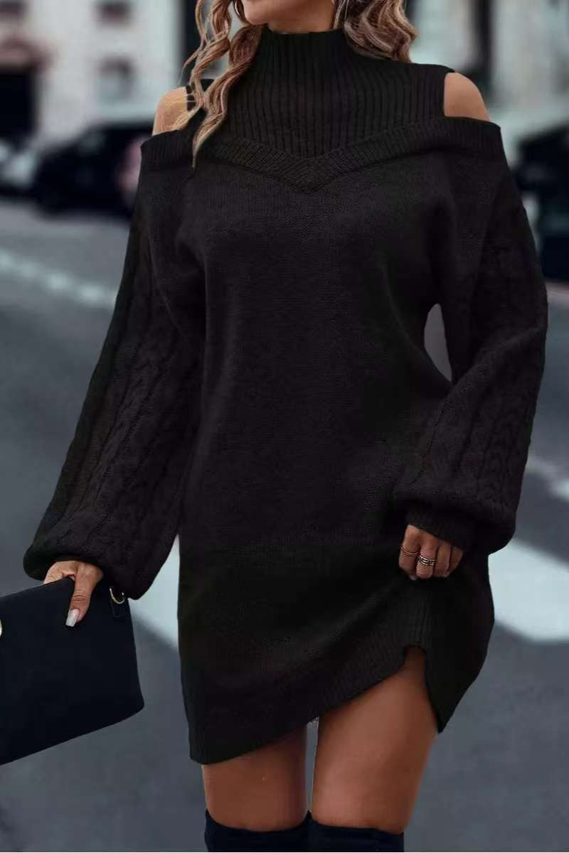 Cold Shoulder Turtleneck Balloon Sleeve Knit Sweater