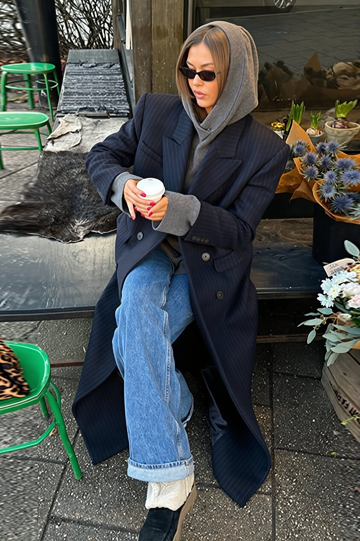Pinstripe Double Breasted Maxi Blazer Coat
