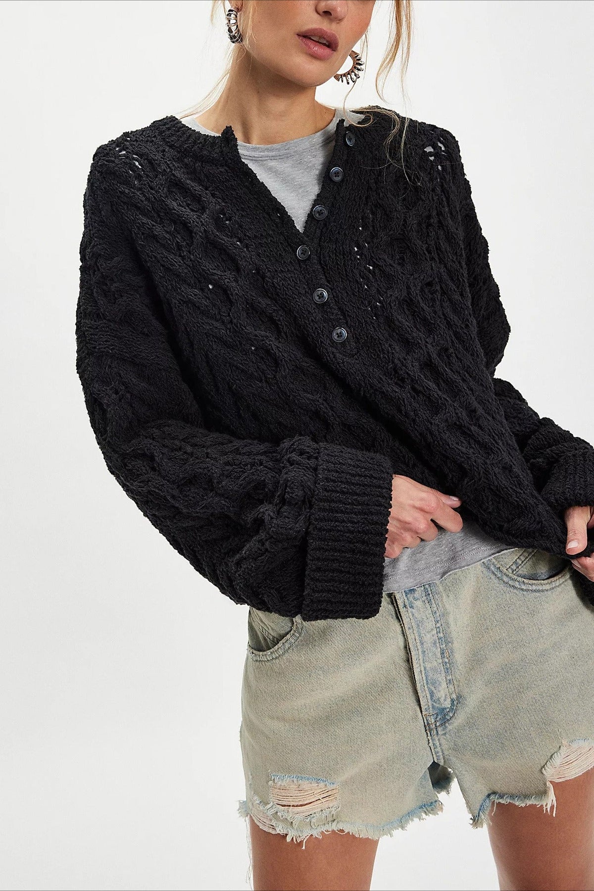 Button Detail Cable Knit Crew Neck Sweater