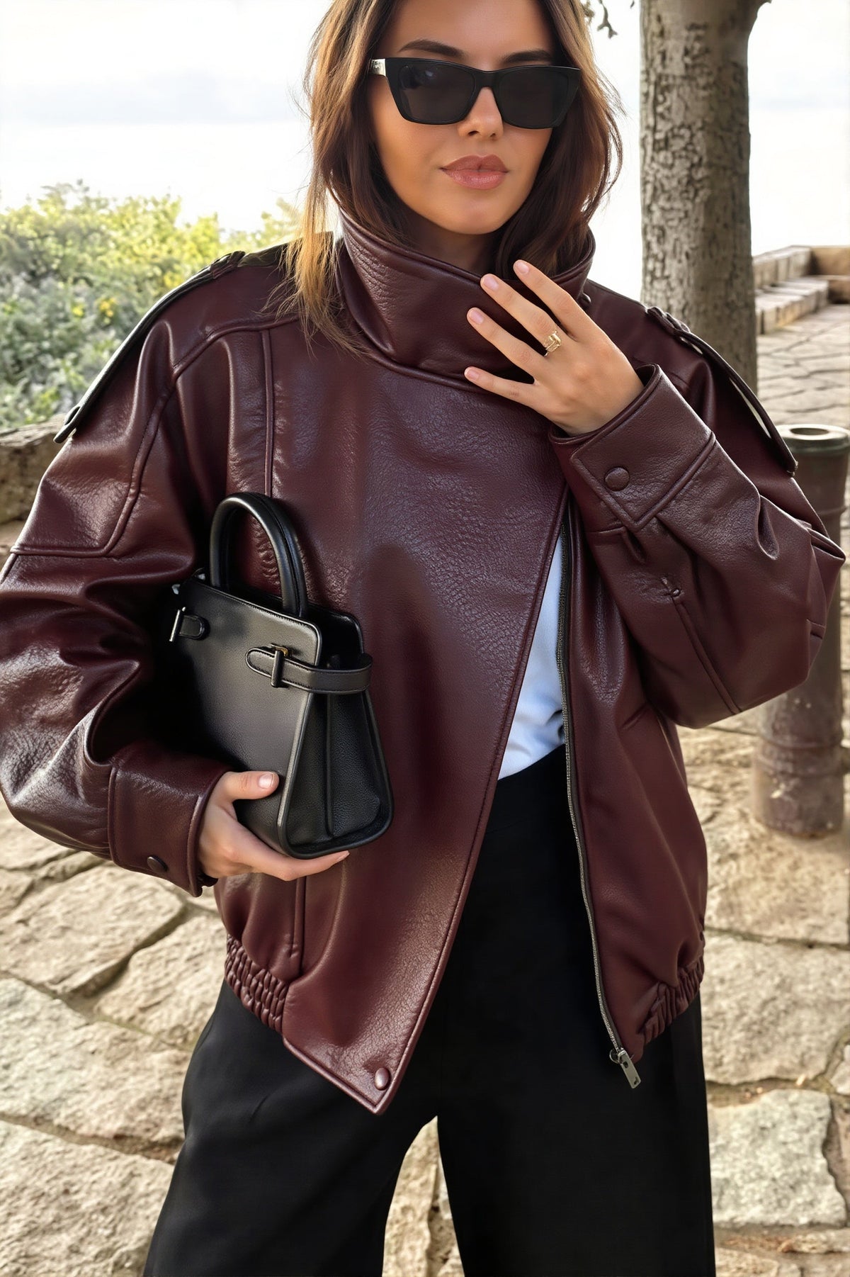 High Collar Epaulet Faux Leather Jacket