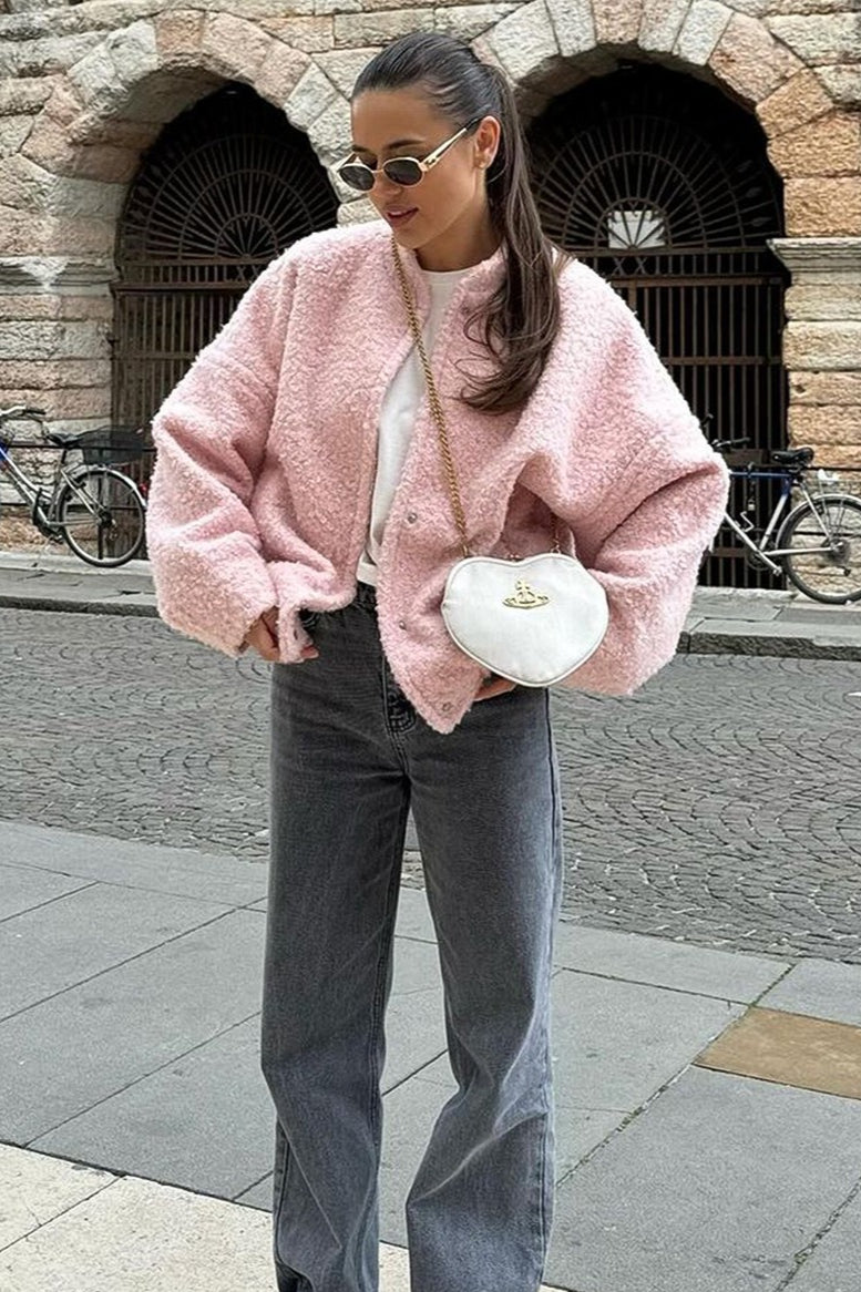 Fuzzy Stand Collar Cropped Bomber Jacket