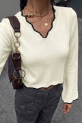 Contrast Scallop V Neck Cropped Sweater