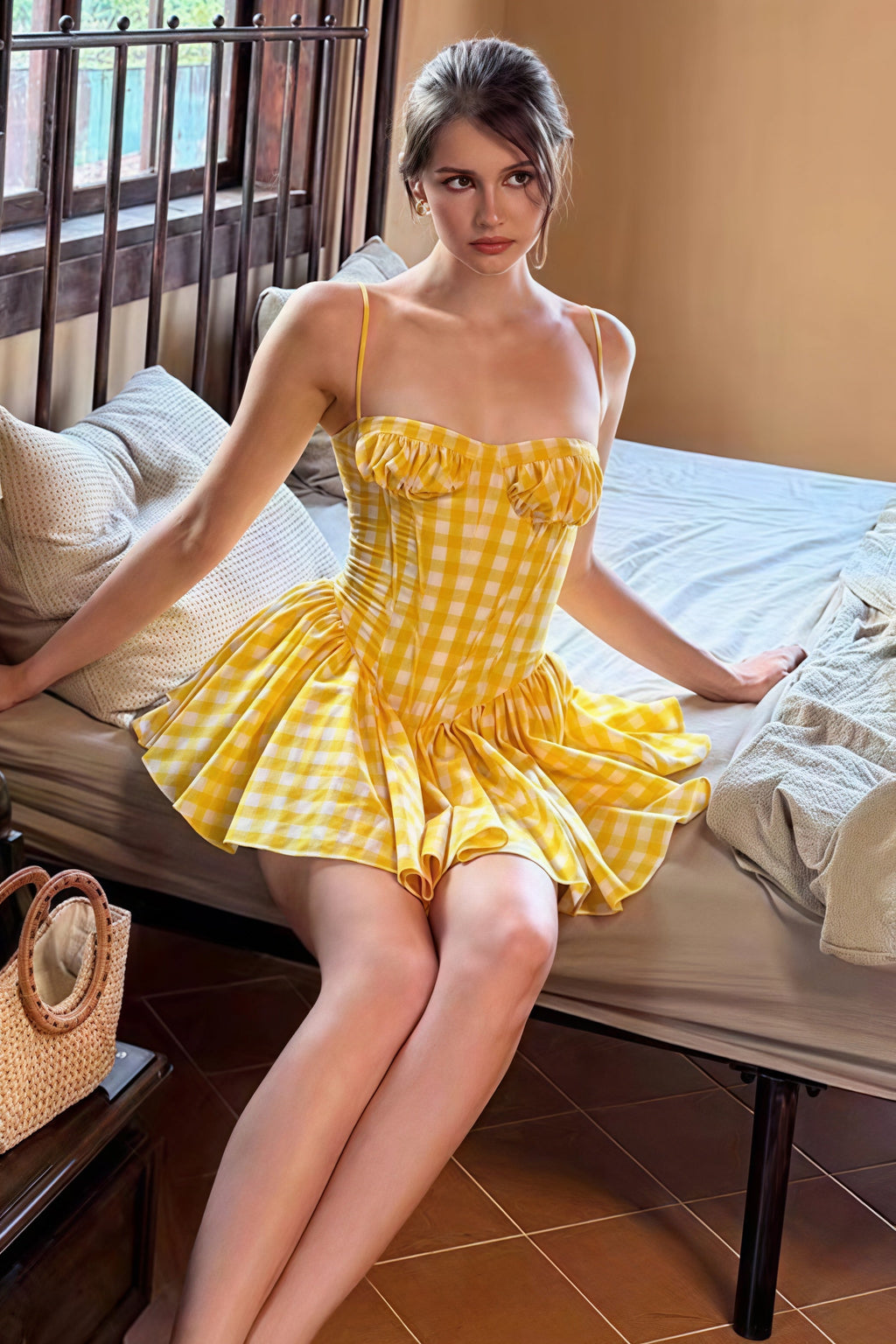 Plaid Bandeau Flared Waist Mini Dress
