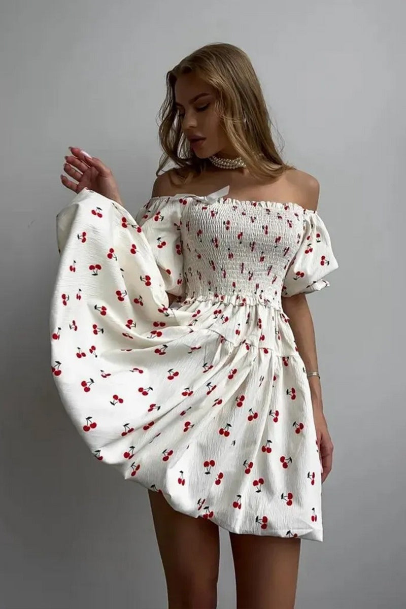 Printed Puff Sleeve Waist Slim Mini Dress