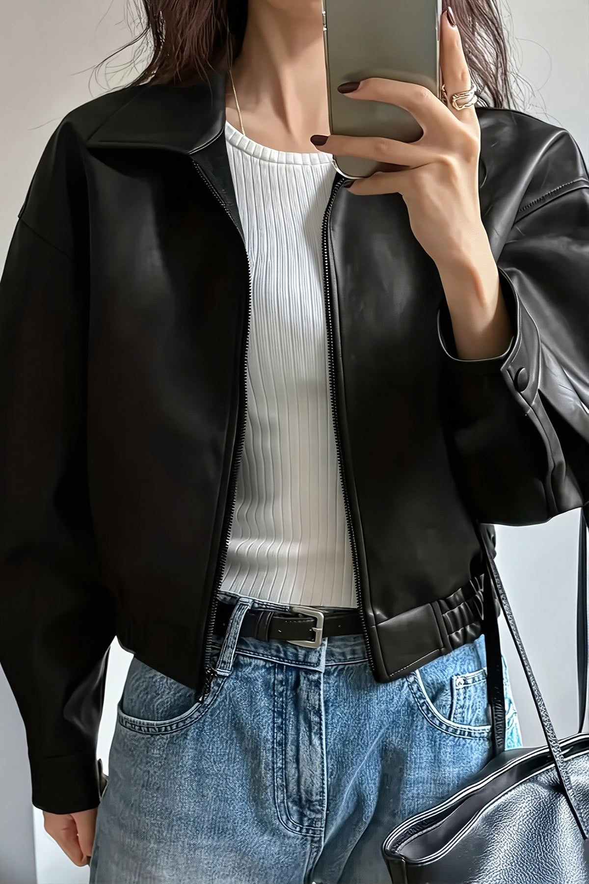 Relaxed Collared Zip Faux Leather Jacket