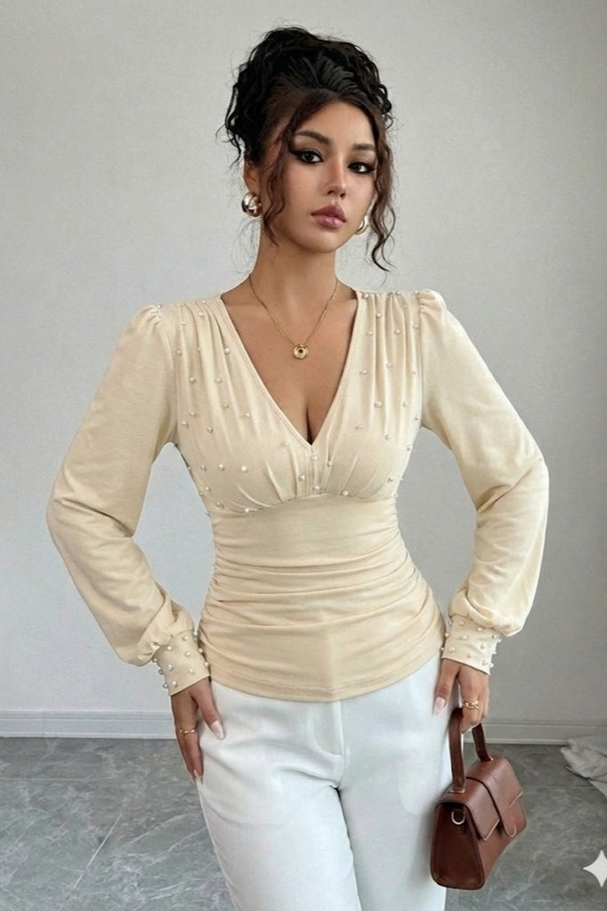 Pearl Studded Wrap V Neck Blouse
