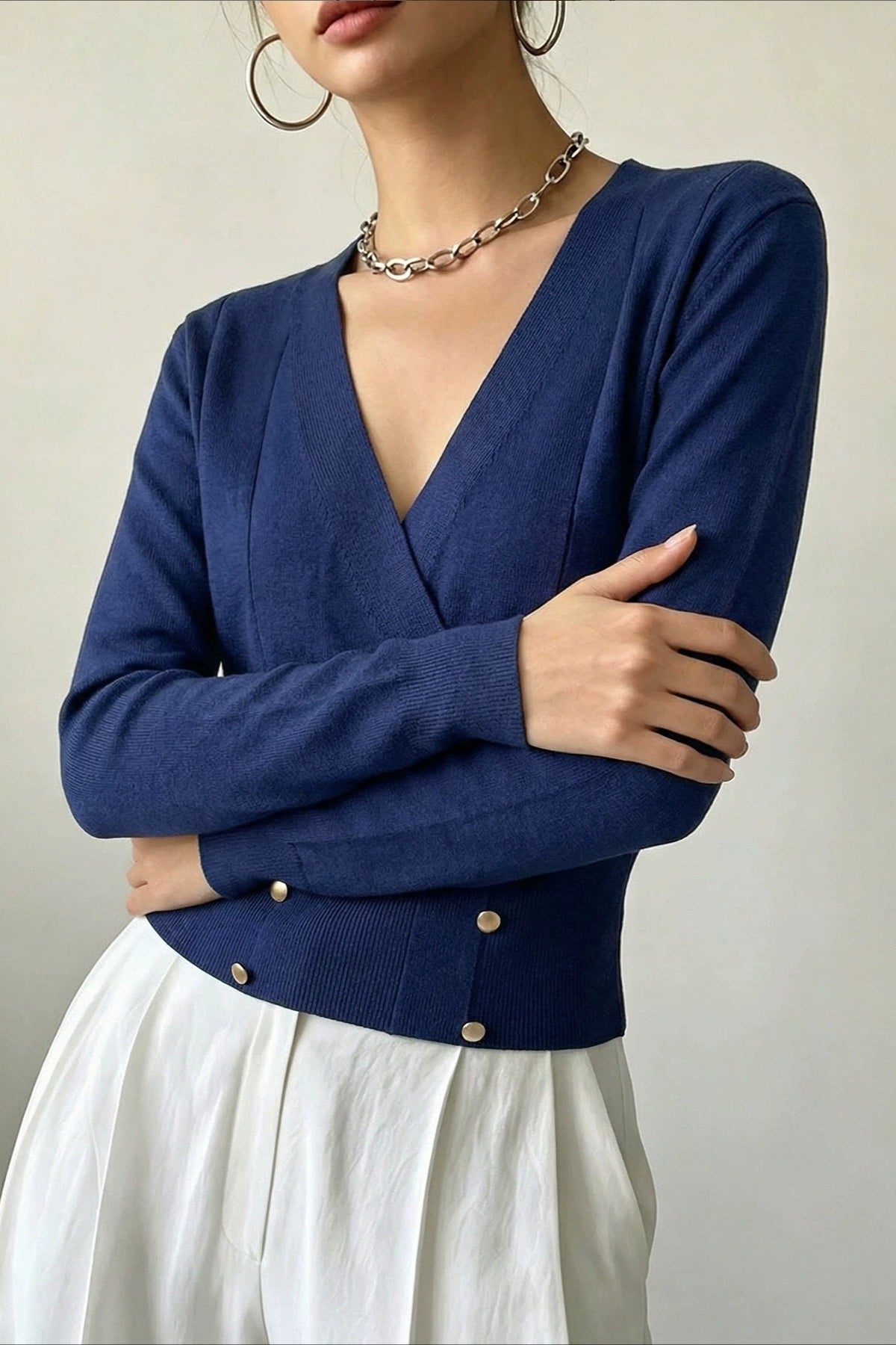 Double Metal Button Wrap Front Cardigans