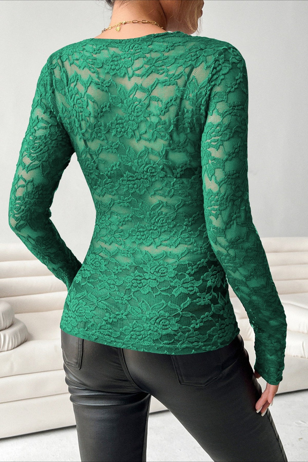 Scalloped V Neck Floral Lace Blouse
