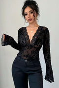 Deep V Floral Lace Bell Sleeve Top