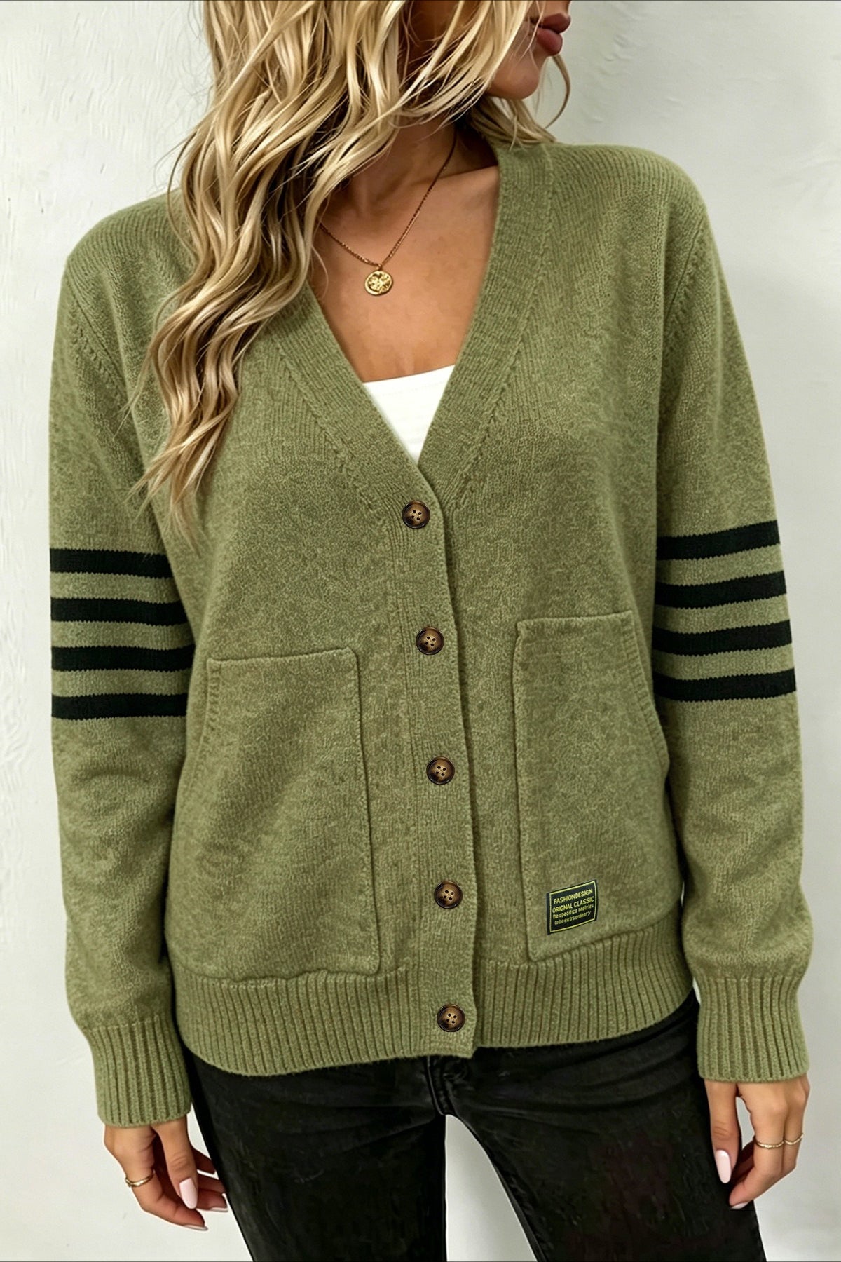 Black Stripe Sleeve Pocket Cardigans