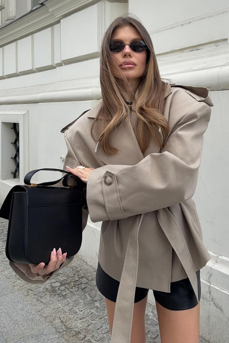 Wide Lapel Belted Short Trench Coat