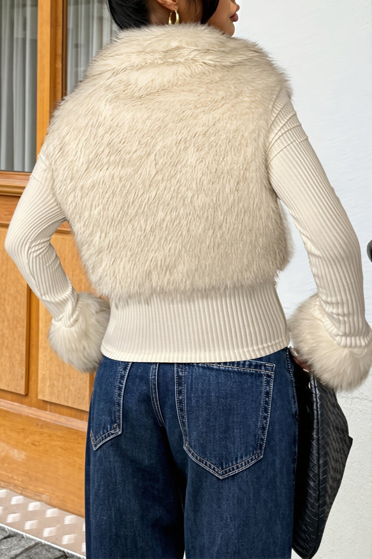 Faux Fur Trim Ribbed Zip Jacket