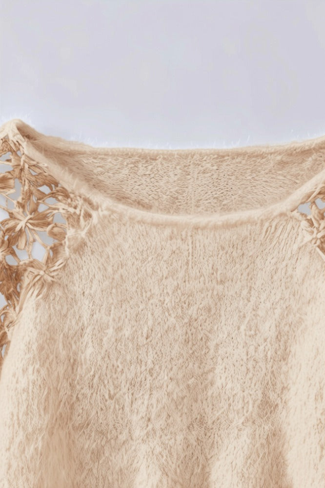 Lace Shoulder Fuzzy Relaxed Sweater
