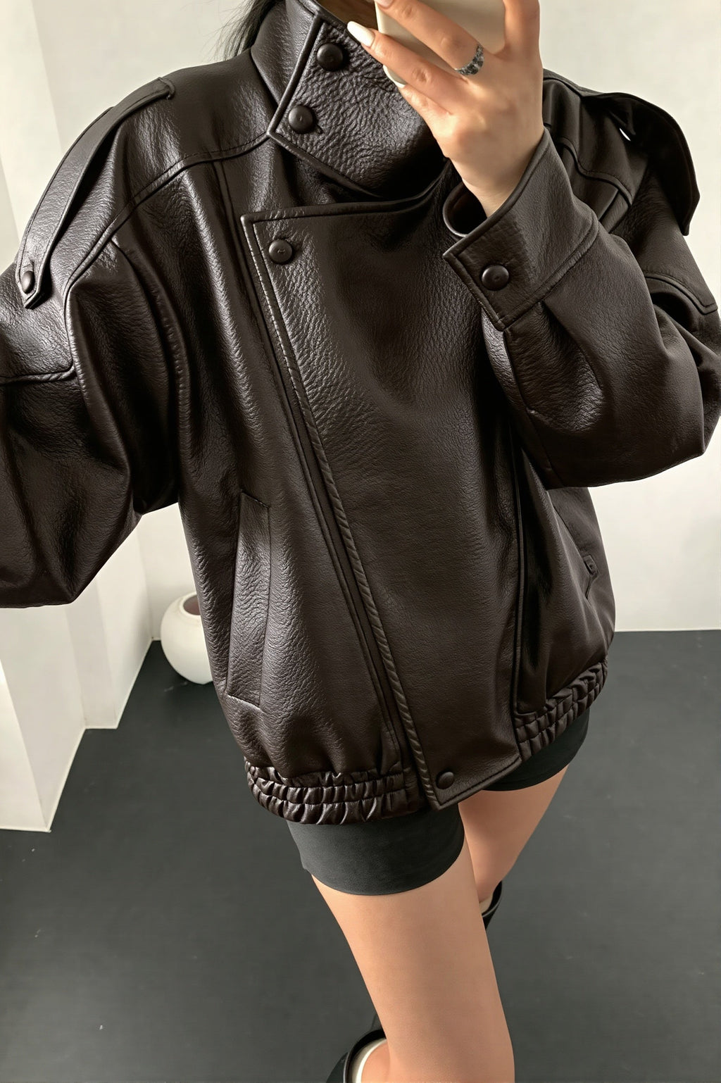 High Collar Epaulet Faux Leather Jacket