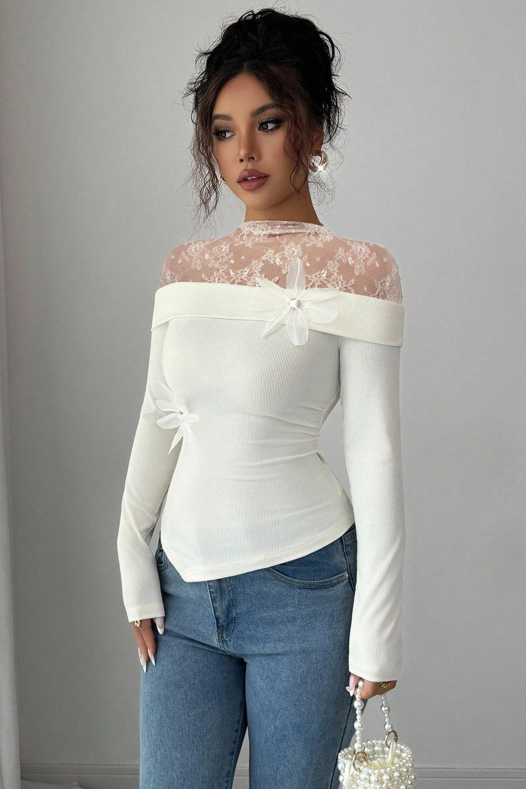 Floral Lace Yoke Off Shoulder Blouse